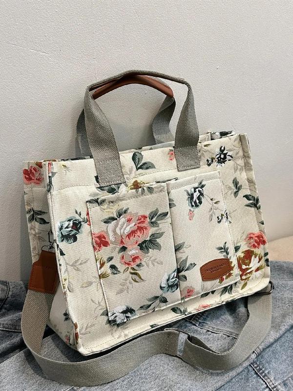 Fashion Floral Pattern Tote Bag, Casual Letter Label Decorated Shoulder Bag for Women, Trendy All-match Commuter Designer Bag for Daily Used