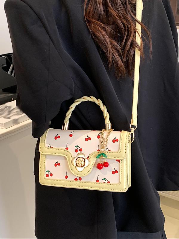 Women's Cute Cherry Graphic Handbag with Cherry Charm, Trendy Elegant Square Crossbody Bag, Chic All-match Handbag & Crossbody Bag for Daily Use