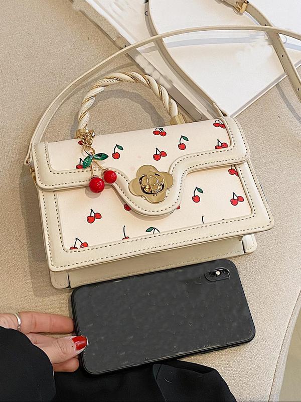 Women's Cute Cherry Graphic Handbag with Cherry Charm, Trendy Elegant Square Crossbody Bag, Chic All-match Handbag & Crossbody Bag for Daily Use