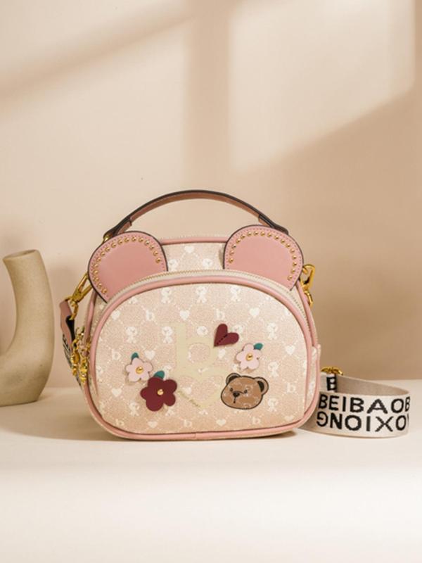 Flower Decor Cartoon Bear Pattern Crossbody Bag, with Cute Bear Ears, Fashionable PU Leather Handbag for Women, All-match Bag for Daily Life