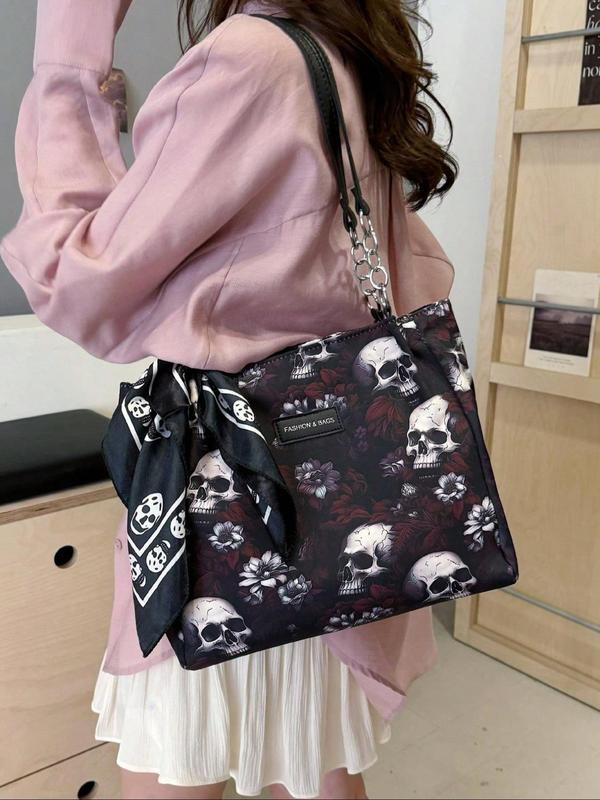 Women's Creative Fashion Random Skull Print Tote Bag for Gift, Casual Versatile Zipper Shoulder Bag, Trendy All-match Bag for Daily Use