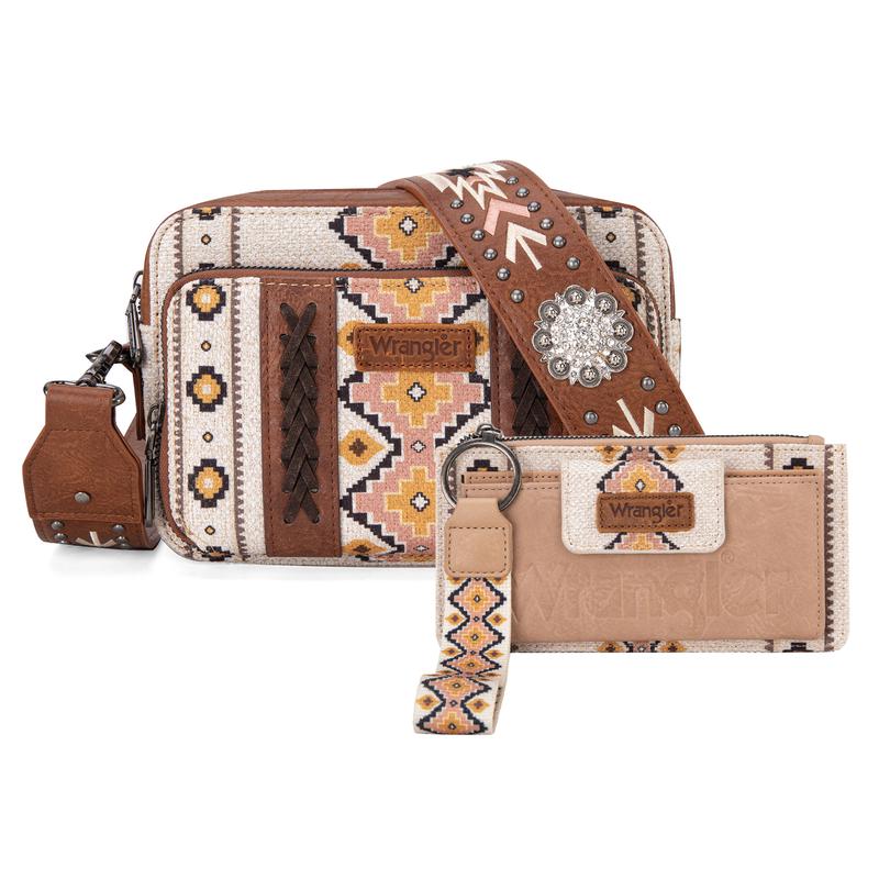 Wrangler Women's Boho Aztec Small Multi Pocket Crossover Purse x Aztec Clutch Wristlet Wallet with Boho Credit Card Holder