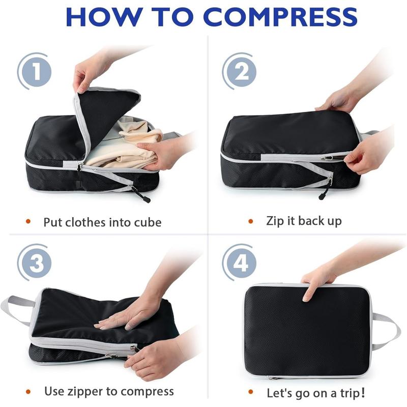 Compression Packing Cubes for Suitcases, 4 Set Packing Cubes, Expandable Luggage Organizer Bags for Travel, Suitcase for Women   Men (Black)