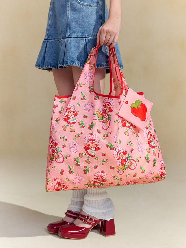 Strawberry Shortcake Cute Cartoon Character & Strawberry Print Color Block Foldable Shopping Tote Bag