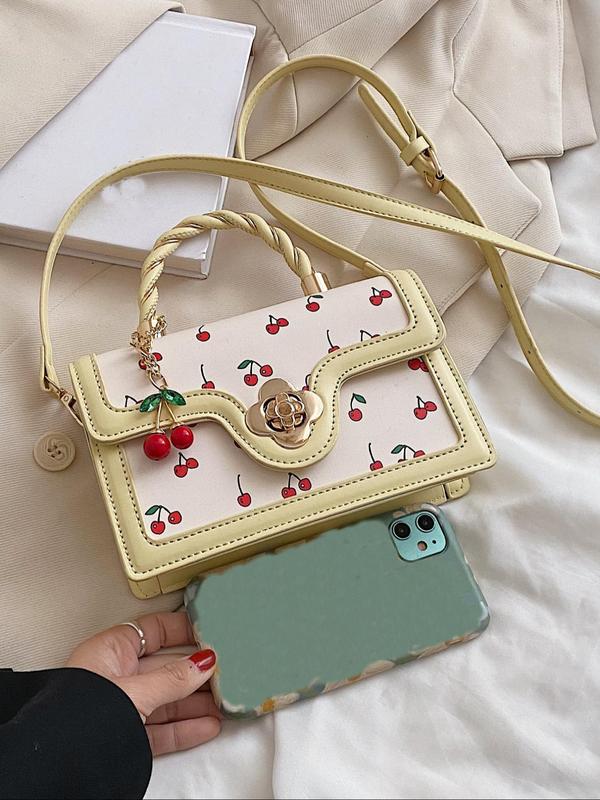 Women's Cute Cherry Graphic Handbag with Cherry Charm, Trendy Elegant Square Crossbody Bag, Chic All-match Handbag & Crossbody Bag for Daily Use