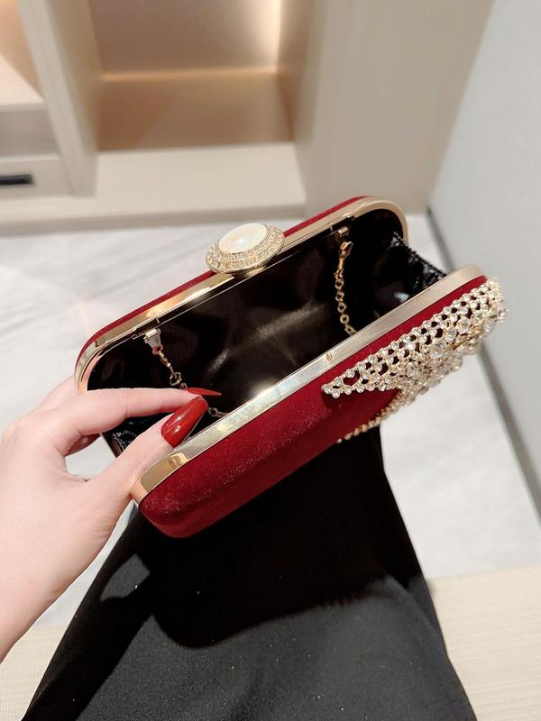 Women's Rhinestone Decorated Flannel Evening Bag, Elegant Clutch Purse for Party, Banquet, 2024 New Trendy All-match Formal Dress Box Bag