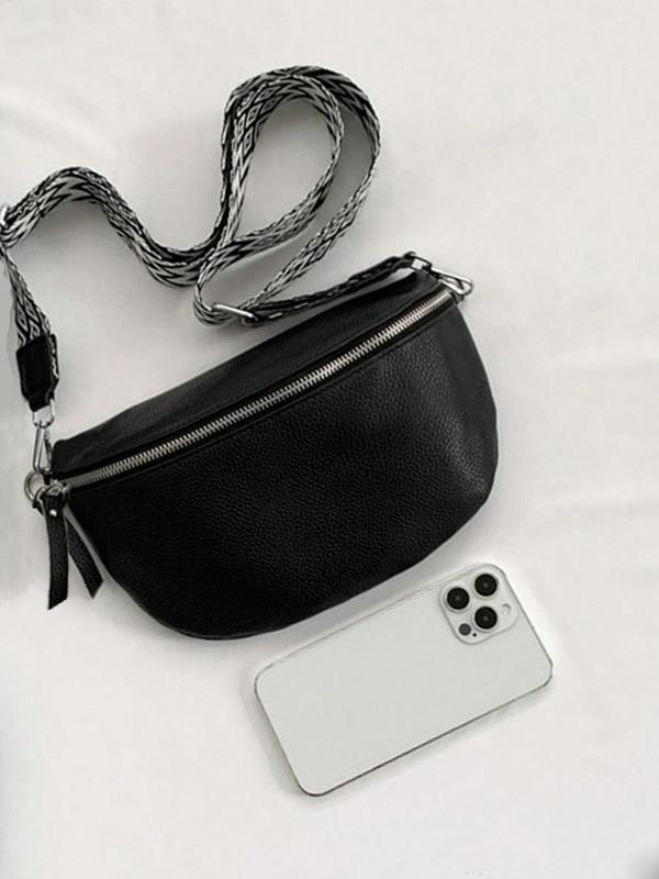 Women's Fashionable Fanny Pack, with Geometric Pattern Bag Strap, Casual Pu Leather Zipper Sling Bag for Daily Used, Trendy Versatile High-quality Daily Commuting Bag, Girl Fashionable Shopping Bag