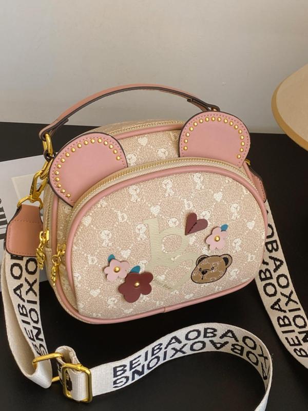 Flower Decor Cartoon Bear Pattern Crossbody Bag, with Cute Bear Ears, Fashionable PU Leather Handbag for Women, All-match Bag for Daily Life