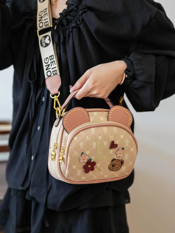 Flower Decor Cartoon Bear Pattern Crossbody Bag, with Cute Bear Ears, Fashionable PU Leather Handbag for Women, All-match Bag for Daily Life