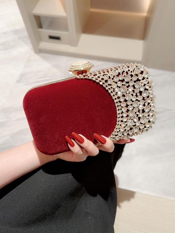 Women's Rhinestone Decorated Flannel Evening Bag, Elegant Clutch Purse for Party, Banquet, 2024 New Trendy All-match Formal Dress Box Bag