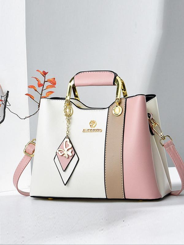 Women's Fashion Colorblock Patchwork Handbag, Casual Large Capacity Zipper Shoulder Bag with Butterfly Charm, Trendy Versatile High-quality Daily Commuting Bag