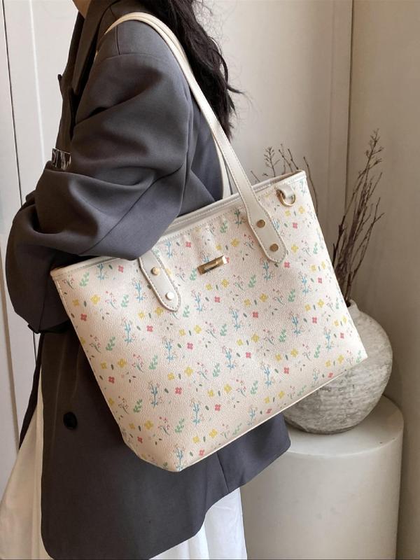 Women's Floral & Bow Pattern Tote Bag, Fashionable Large Capacity Shoulder Bag for Work & Daily Used, Casual Trendy Versatile High-quality Daily Commuting Bag