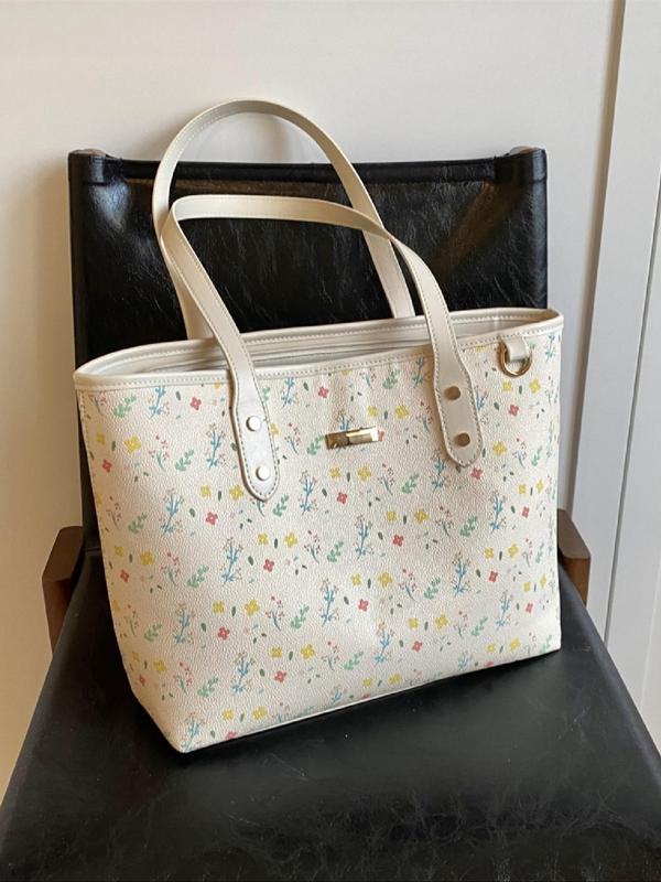 Women's Floral & Bow Pattern Tote Bag, Fashionable Large Capacity Shoulder Bag for Work & Daily Used, Casual Trendy Versatile High-quality Daily Commuting Bag