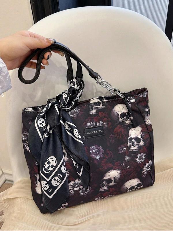 Women's Creative Fashion Random Skull Print Tote Bag for Gift, Casual Versatile Zipper Shoulder Bag, Trendy All-match Bag for Daily Use