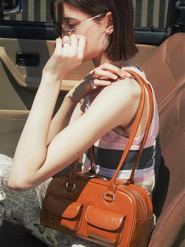 Women's Solid Color Handbag, 2024 New Style Pu Leather Zipper Shoulder Bag for Daily Used, Casual Trendy Versatile High-quality Daily Commuting Bag