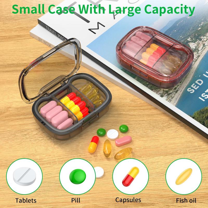 2 Pack 3 Compartment Small  Box,  Proof  Case, Travel  Organizer for Pocket Purse, Daily Portable  Vitamin Box, Fish Oil Box, Supplement Box (Black+Orange)