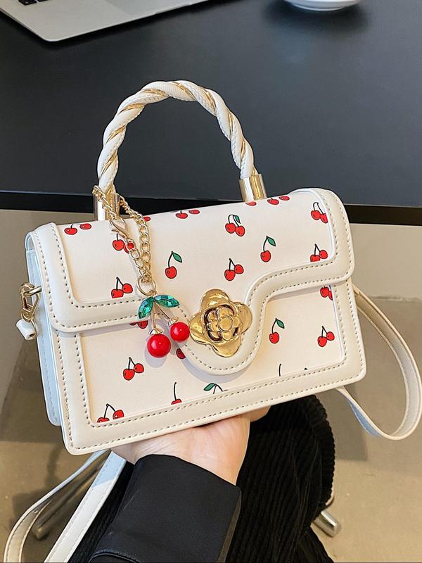 Women's Cute Cherry Graphic Handbag with Cherry Charm, Trendy Elegant Square Crossbody Bag, Chic All-match Handbag & Crossbody Bag for Daily Use