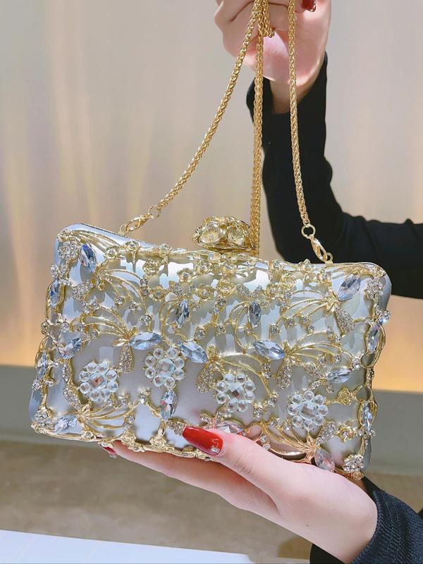 Women's 2024 Summer Artificial Gemstone Floral Design Evening Bag, Elegant Rhinestone Decorated Floral Embossed Clutch for Wedding & Party & Dating