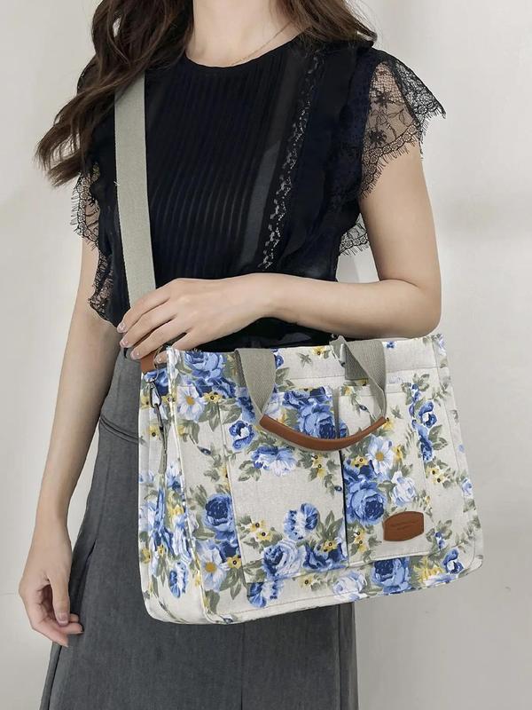 Fashion Floral Pattern Tote Bag, Casual Letter Label Decorated Shoulder Bag for Women, Trendy All-match Commuter Designer Bag for Daily Used