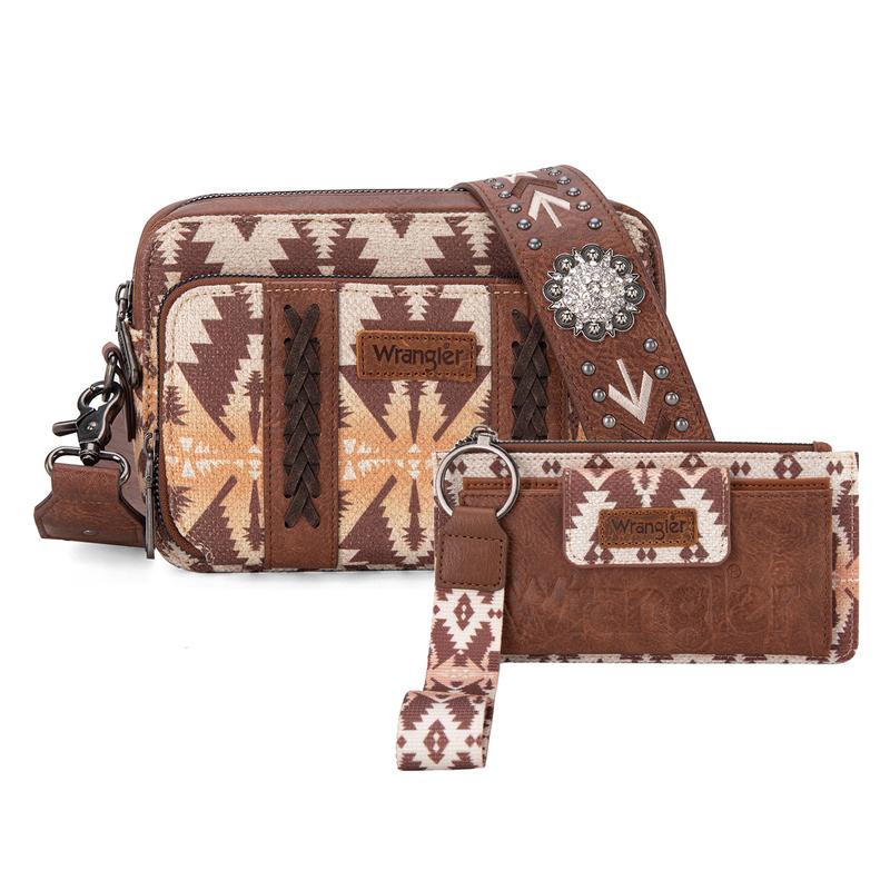 Wrangler Women's Boho Aztec Small Multi Pocket Crossover Purse x Aztec Clutch Wristlet Wallet with Boho Credit Card Holder