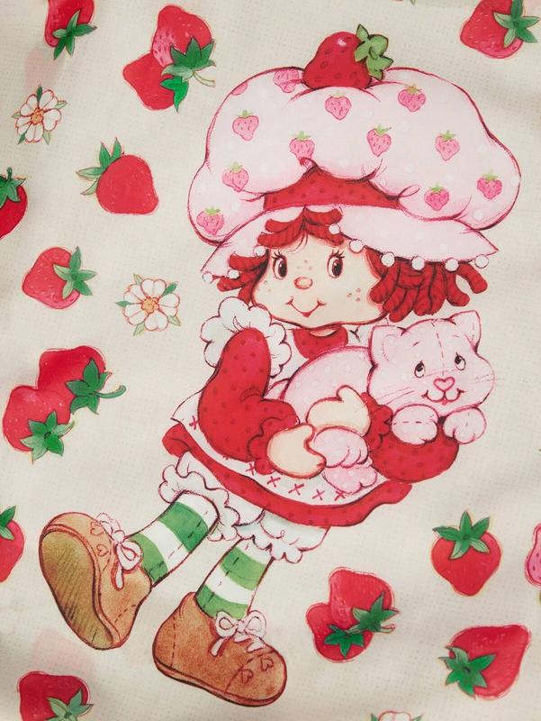 Strawberry Shortcake Cute Cartoon Character & Strawberry Print Color Block Foldable Shopping Tote Bag