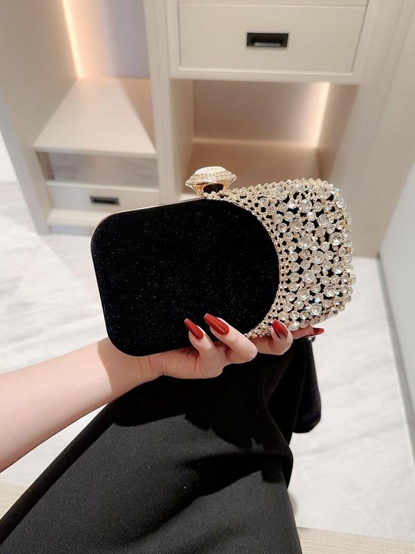 Women's Rhinestone Decorated Flannel Evening Bag, Elegant Clutch Purse for Party, Banquet, 2024 New Trendy All-match Formal Dress Box Bag