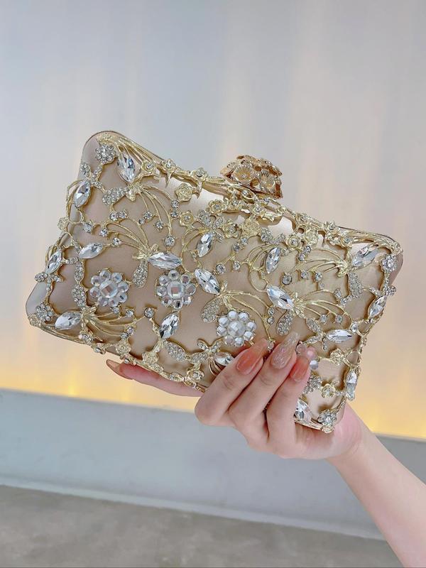 Women's 2024 Summer Artificial Gemstone Floral Design Evening Bag, Elegant Rhinestone Decorated Floral Embossed Clutch for Wedding & Party & Dating