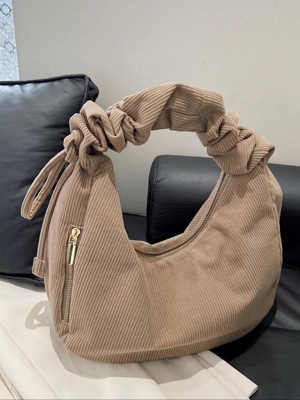 Women's Elegant Ruched Design Shoulder Bag, Trendy Minimalist Corduroy Hobo Bag, Chic All-match Shoulder Bag for Daily & Work Use