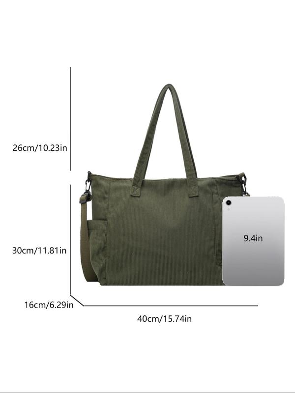 Women's Solid Color Corduroy Tote Bag, Fashionable Large Capacity Shoulder Bag for Daily Commuting, Casual Trendy Versatile High-quality Daily Commuting Bag