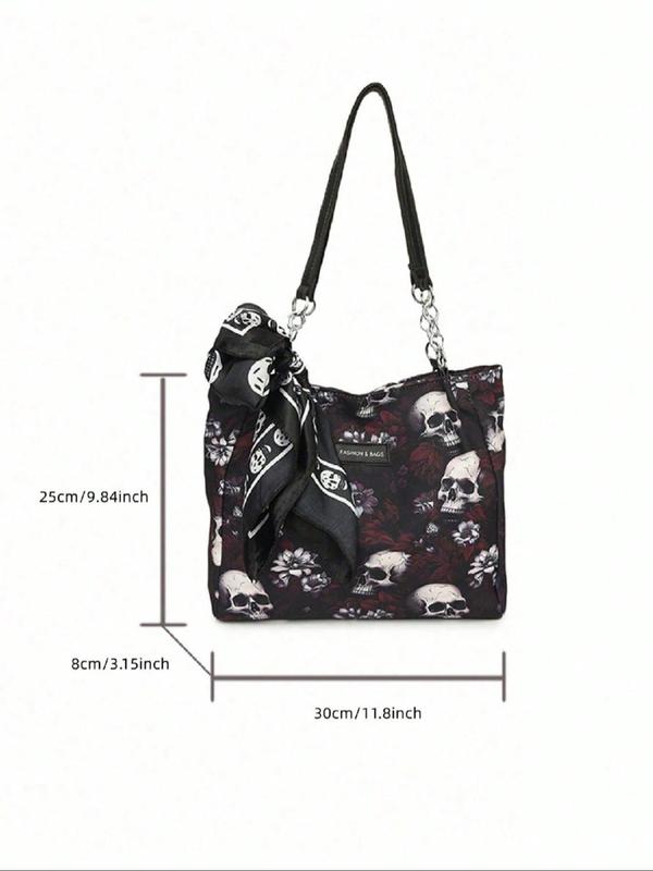 Women's Creative Fashion Random Skull Print Tote Bag for Gift, Casual Versatile Zipper Shoulder Bag, Trendy All-match Bag for Daily Use