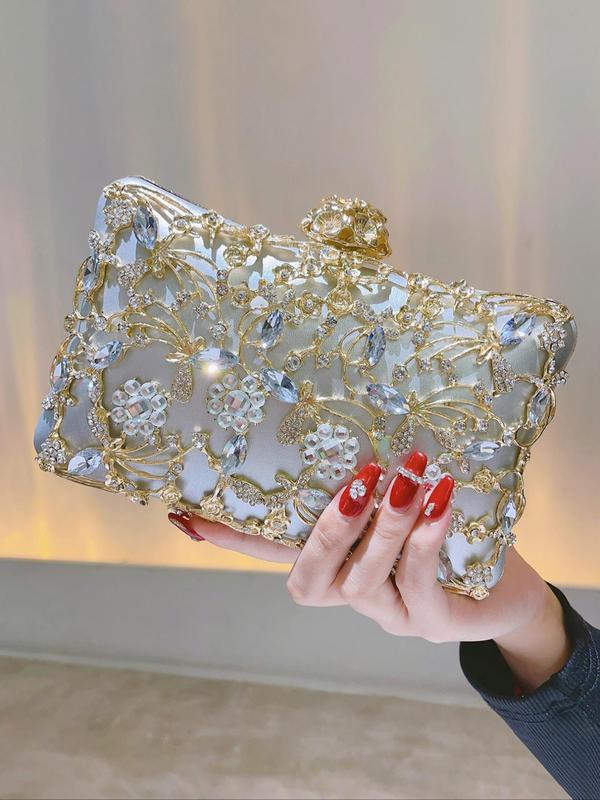 Women's 2024 Summer Artificial Gemstone Floral Design Evening Bag, Elegant Rhinestone Decorated Floral Embossed Clutch for Wedding & Party & Dating