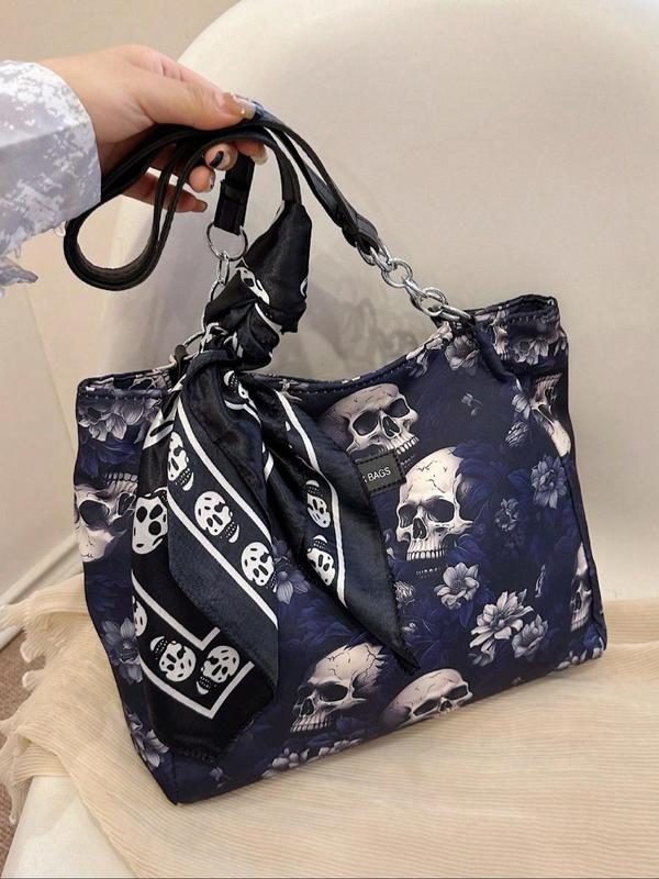 Women's Creative Fashion Random Skull Print Tote Bag for Gift, Casual Versatile Zipper Shoulder Bag, Trendy All-match Bag for Daily Use