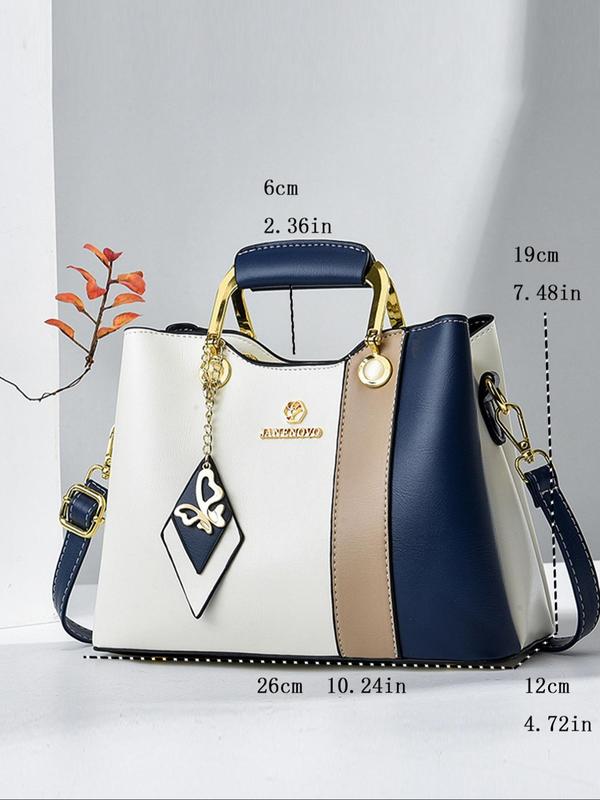 Women's Fashion Colorblock Patchwork Handbag, Casual Large Capacity Zipper Shoulder Bag with Butterfly Charm, Trendy Versatile High-quality Daily Commuting Bag