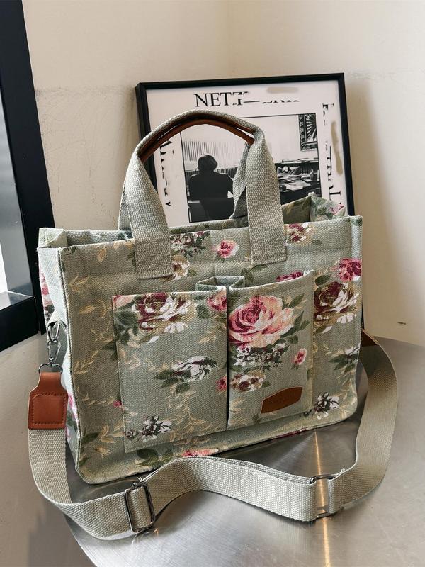 Fashion Floral Pattern Tote Bag, Casual Letter Label Decorated Shoulder Bag for Women, Trendy All-match Commuter Designer Bag for Daily Used