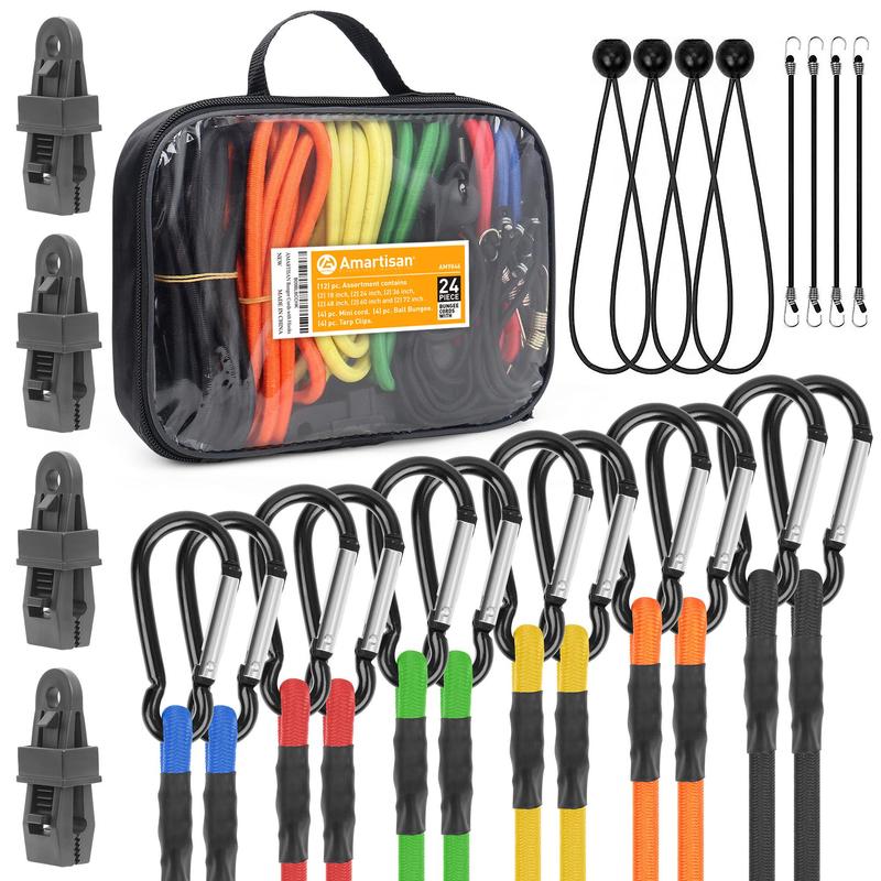 Heavy-duty Bundled Luggage Rope with Hook & Loop, 24pcs set Bungee Cord with Tarp Clip, Ball Elastic Rope, Mini Rope, Rope Set for Outdoor