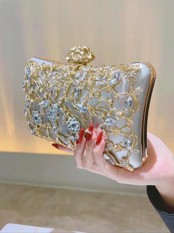 Women's 2024 Summer Artificial Gemstone Floral Design Evening Bag, Elegant Rhinestone Decorated Floral Embossed Clutch for Wedding & Party & Dating