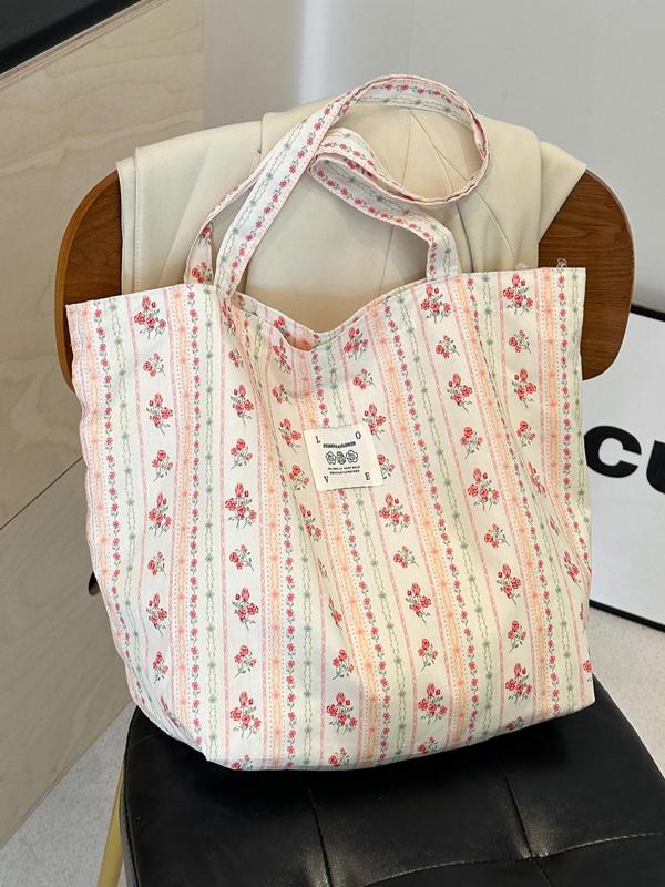 Fashionable Ditsy Floral Pattern Letters Patched Design Tote Bag, Casual Large Capacity Shoulder Bag for Women & Girls, Trendy Versatile High-quality Daily Commuting Bag