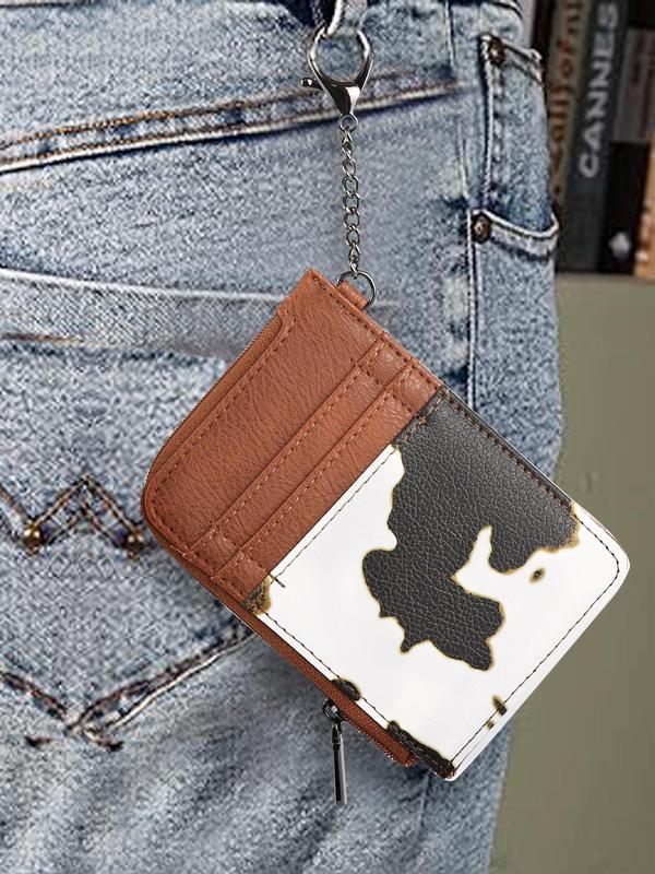 Women's Cow Print Credit Card Holder, PU Leather Zipper Slim Wallet with Keychain, Fashionable Coin Purse, Casual Trendy Versatile High-quality Daily Wallet