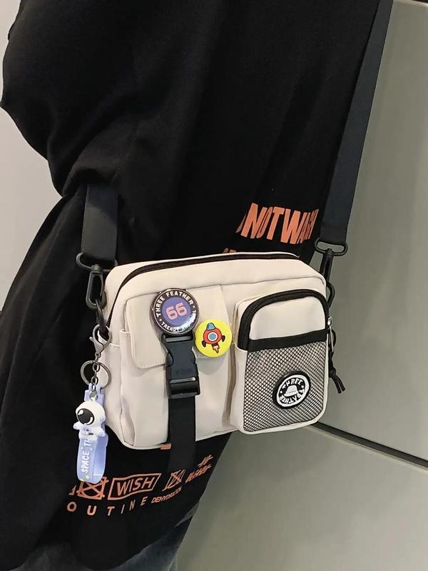Unisex Couple Zipper Crossbody Bag, Casual Plain Multi-pocket Bag for Women & Men, Casual Trendy Versatile High-quality Daily Commuting Bag, Girl Fashionable Shopping Bag with Random Color Badge
