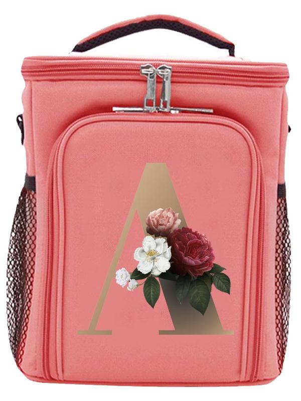 Floral & Letter Pattern Lunch Bag, Reusable Lunch Box Handbag, Leakproof Insulated Bag &  Cooler Bag for Office School Beach  Picnics Camping