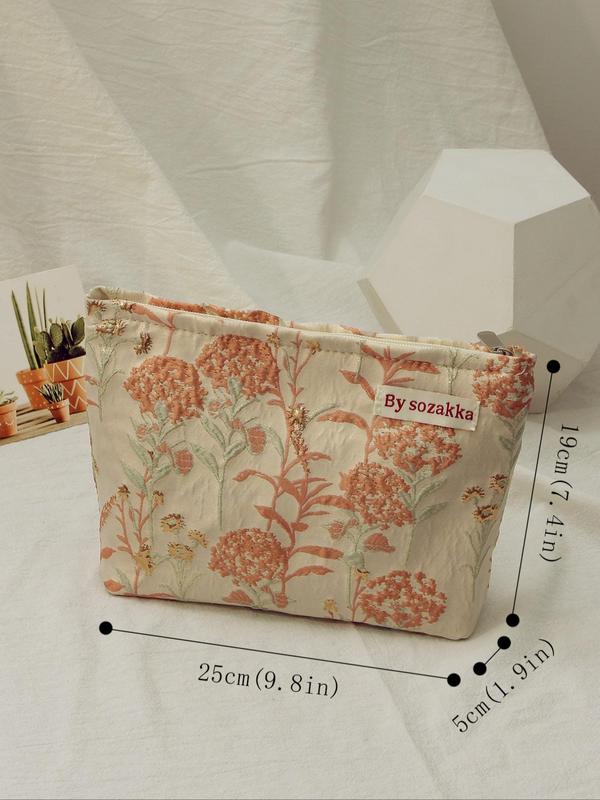 Floral Pattern Makeup Bag for Summer, Casual Letter Patched Design Makeup Bag, Portable Zipper Makeup Storage Bag for Travel & Business Trip & Daily Used