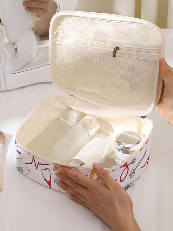 Medical Tool & Letters Print Makeup Bag, Large Capacity Cosmetics Storage Box, Portable Travel Cosmetics Storage Bag, Casual Fashion Storage Box with Zipper Closure