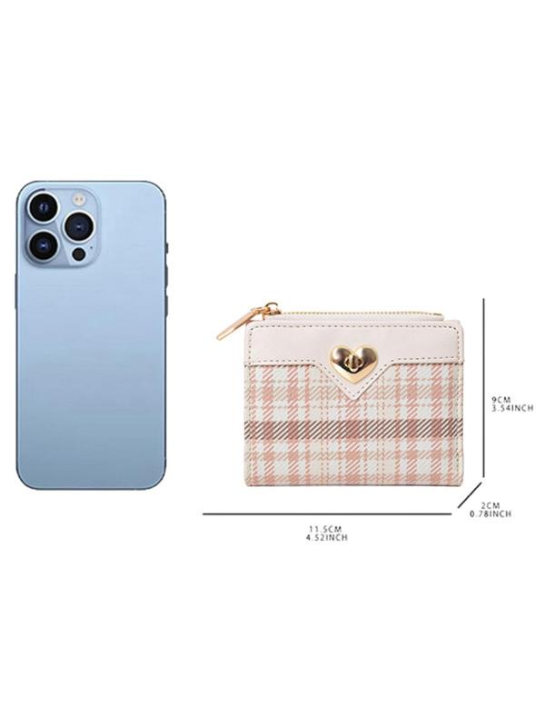 Women's Elegant Heart Decor Plaid Pattern Zipper Short Wallet, Multi Card Slot Coin Purse, Fashionable Card Holder for Daily Use