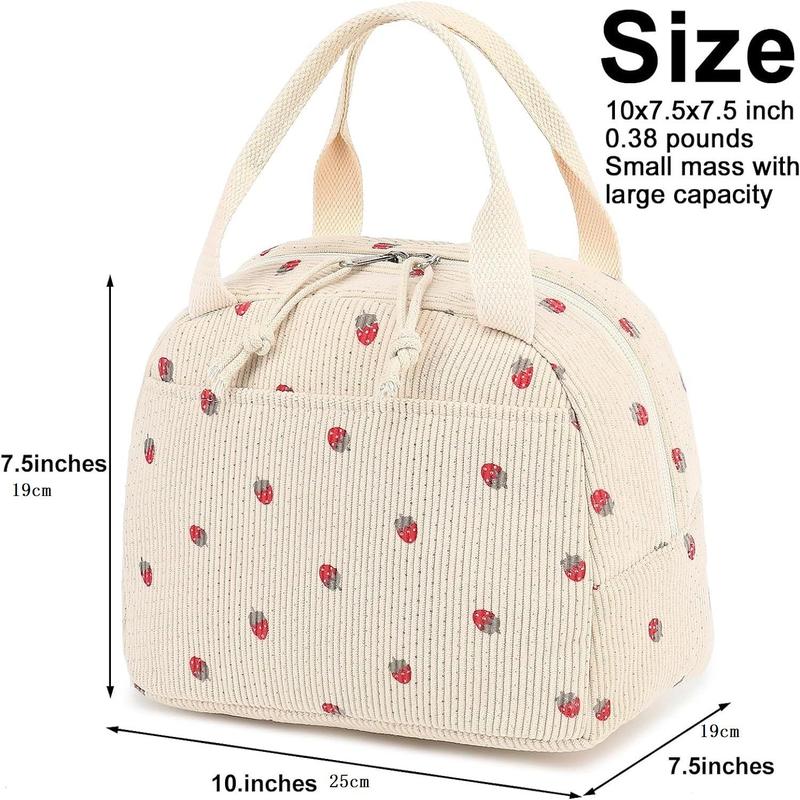 Strawberry Pattern Lunch Bag, 1 Count Cute Corduroy Lunch Tote Bag, Reusable Insulated Bento Bag, Large Capacity Reusable Insulated Cooler for Outdoor