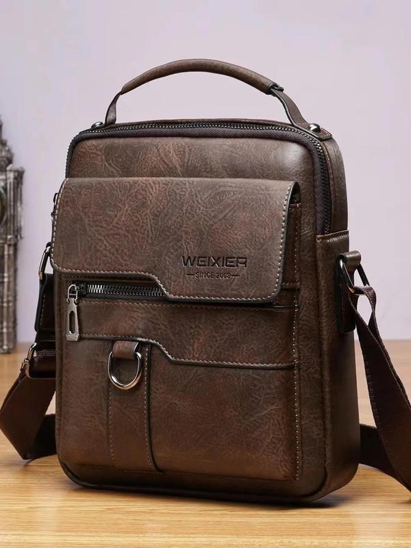Men's Casual Solid Color Pu Leather Handbag, Fashionable Vintage Style Zipper Shoulder Bag for Daily Used, Casual Trendy Versatile High-quality Daily Commuting Bag