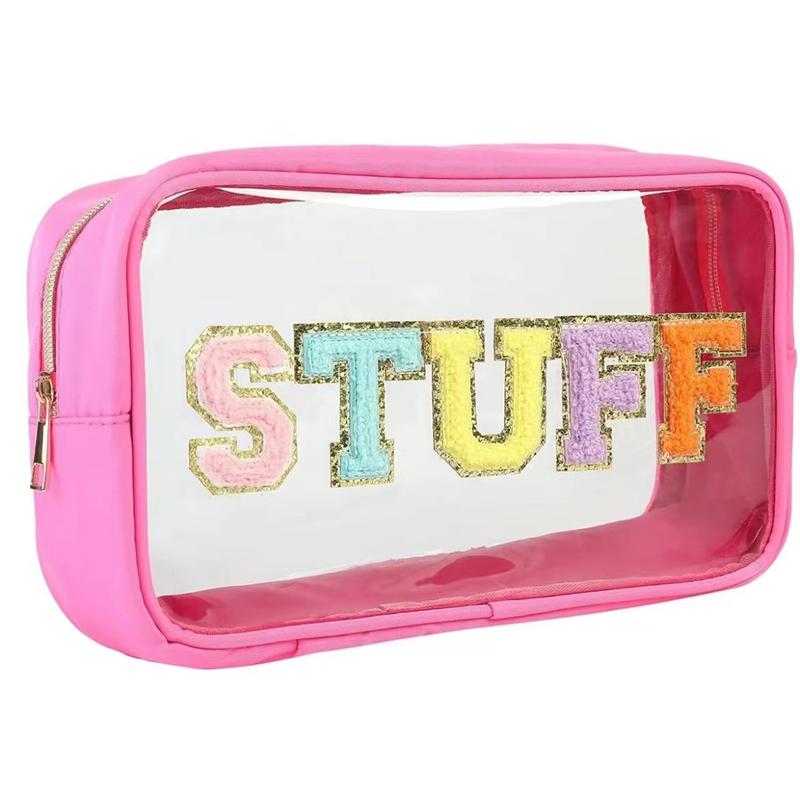 Chenille Letter Bag Stuff Makeup Bag Preppy Clear Cosmetic Bags with Zipper Transparent PVC Waterproof Travel Toiletry Storage Bag for Women(Hot Pink)