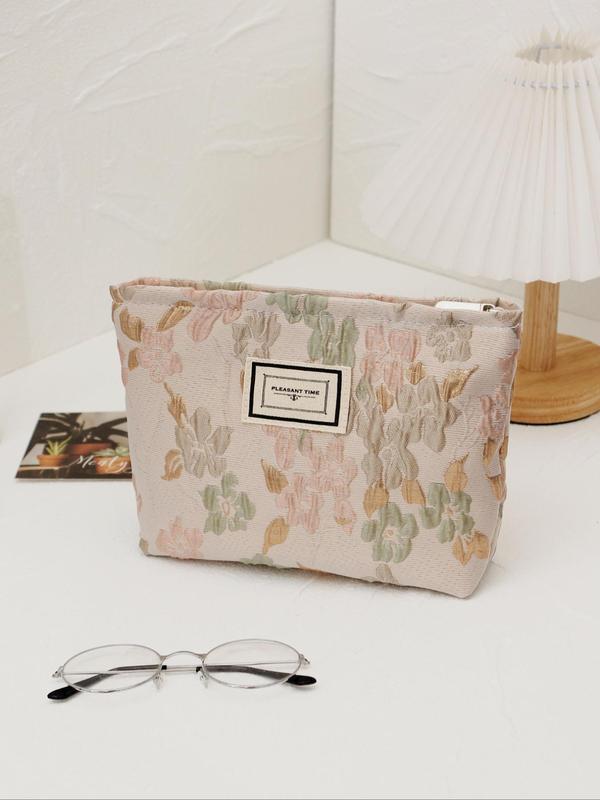 Floral Pattern Makeup Bag for Summer, Casual Letter Patched Design Makeup Bag, Portable Zipper Makeup Storage Bag for Travel & Business Trip & Daily Used