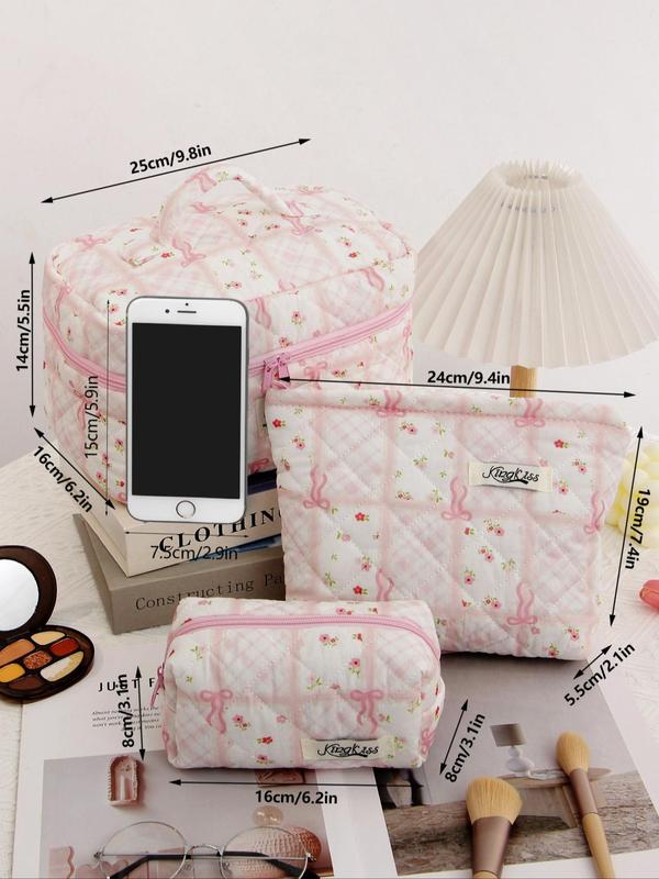 Cute Bow Pattern Makeup Bag Set, Large Capacity Handheld Makeup Bag, Zipper Makeup Bags for Purse, Travel Toiletry Bag, Fashion Portable Bag