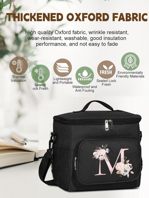 Letter Pattern Insulated Lunch Bag, Durable Waterproof Office Cooler Food Bag with Adjustable Shoulder Strap, Portable Insulated Food Bag for School