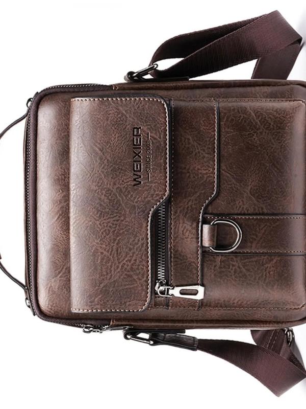 Men's Casual Solid Color Pu Leather Handbag, Fashionable Vintage Style Zipper Shoulder Bag for Daily Used, Casual Trendy Versatile High-quality Daily Commuting Bag